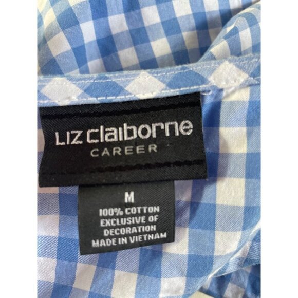 Liz Claiborne Career Blouse Pullover Top Keyhole Blue Checkered Cotton Sz M - Picture 7 of 8